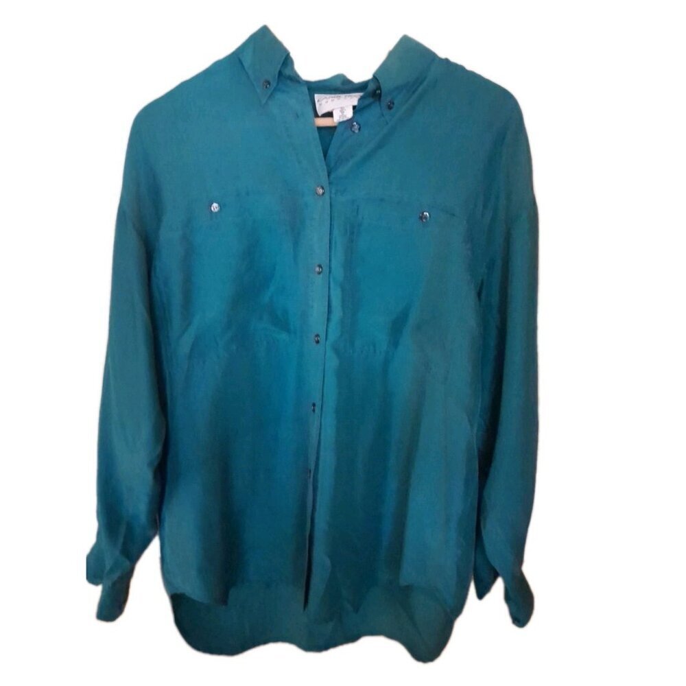 Vintage Womens Luxurious Long Sleeve Career Event Silk Blouse Size 8 Turquoise